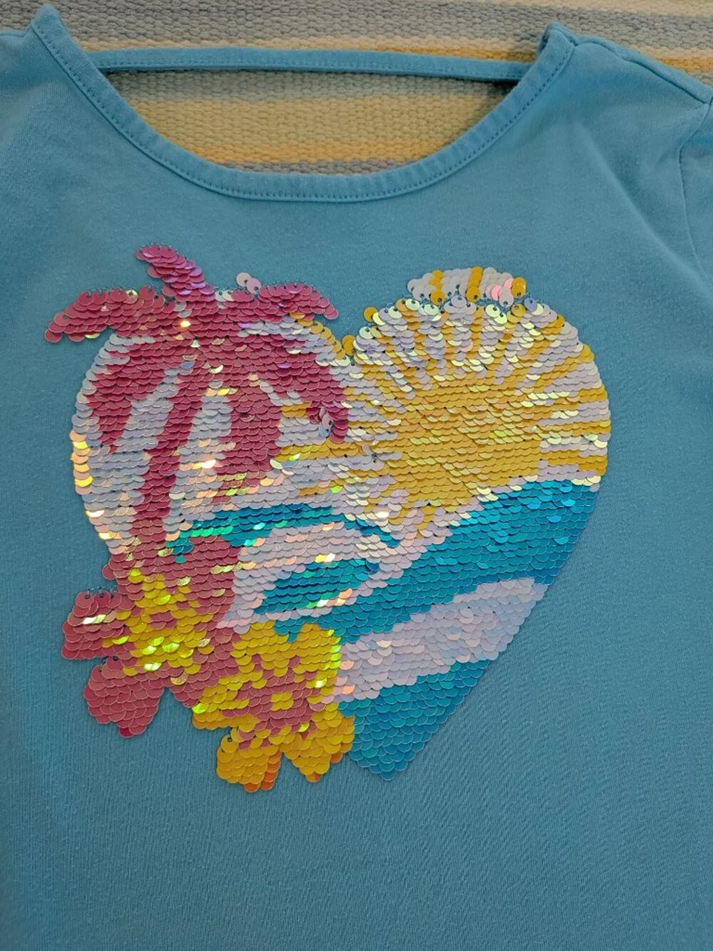 Girls 7/8 Turquoise Flip Sequin Heart Tee Tropical Palm Tree Sun Cutout Neck Shi